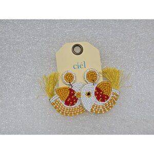 Beaded Bird Tassel Earrings Handmade By Ciel Yellow White & Red